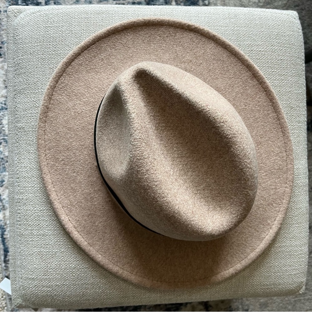 Hat: classic women’s fedora with wide, stiff brim And an adjustable strap